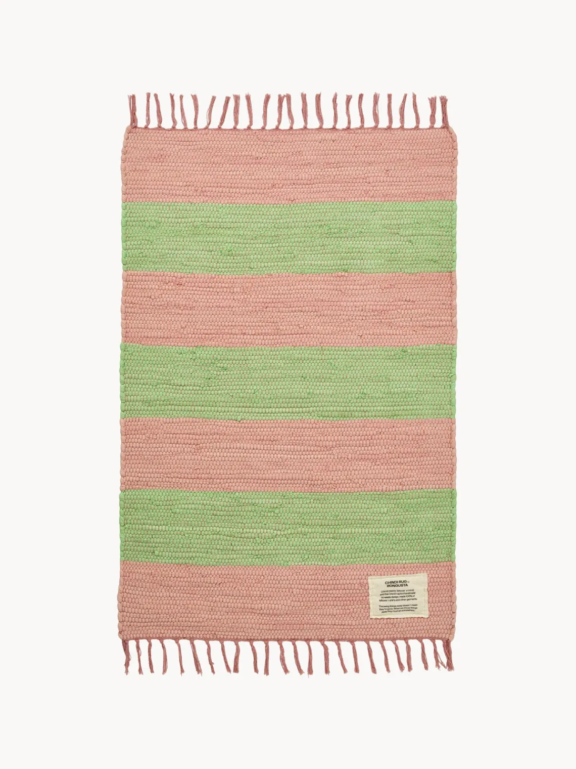 Rectangular|Alfombras Rectangulares>Bongusta Alfombra corredor artesanal de pelo corto con borlas Chindi, tamaños diferentes Rosa claro, verde claro