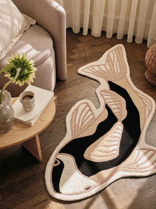 Alfombras Rectangulares|Alfombras>Broste Copenhagen Alfombra de lana de forma orgánica Koi Negro, beige claro, blanco crema