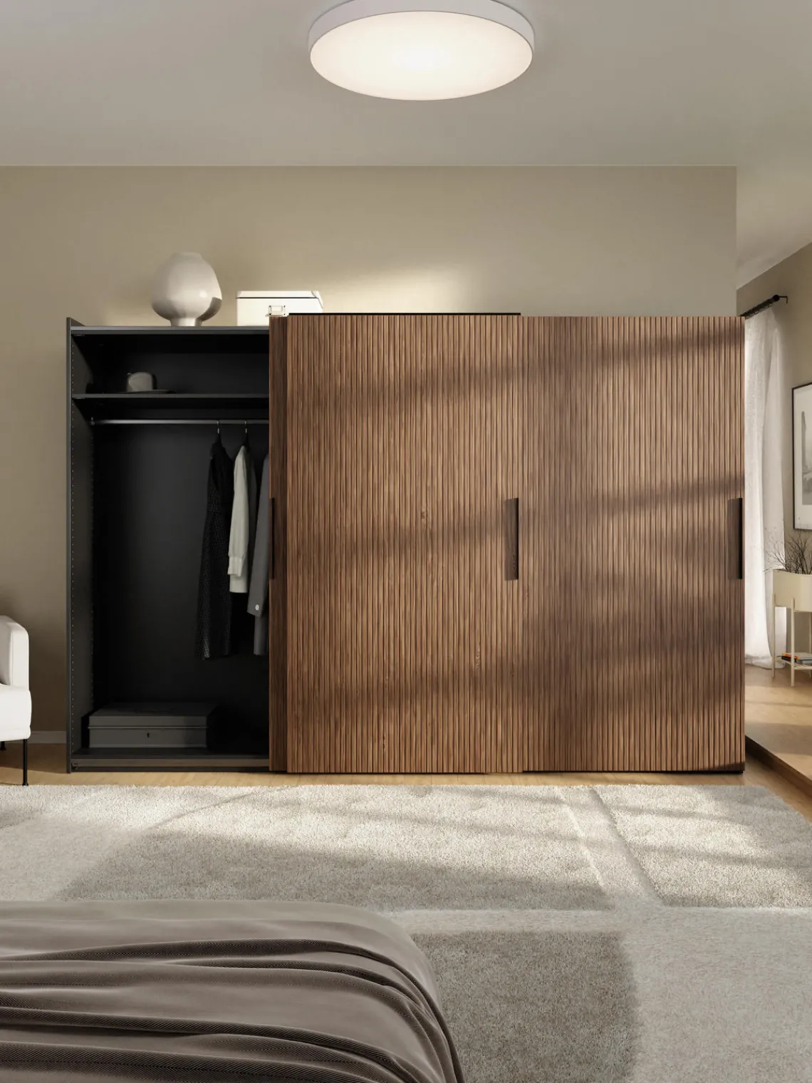 Armarios Con Puerta Corredera|Armarios Modulares>Westwing Collection Armario modular Simone, 3 puertas correderas (300 cm), diferentes variantes Aspecto madera de nogal, negro