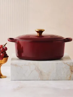 Ollas|Ollas></noscript>LE CREUSET Asador ovalado de hierro fundido Signature Collection Rojo vino, dorado