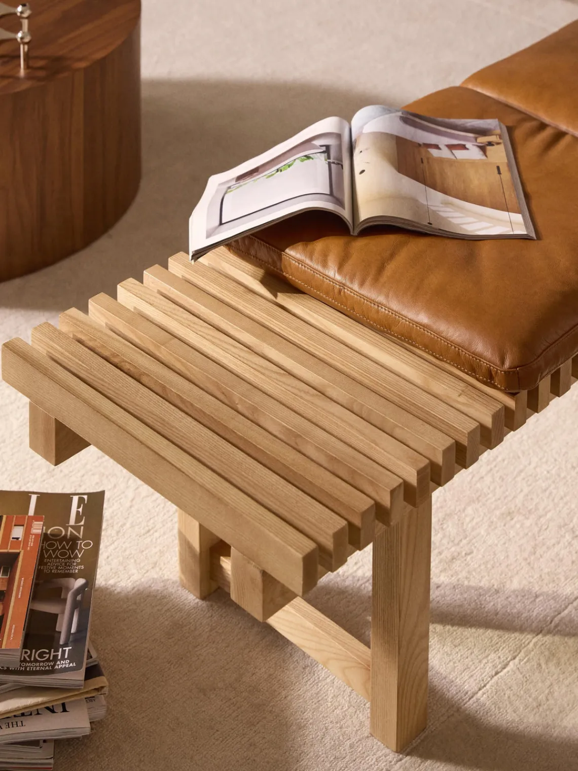 Sale Banco de madera de fresno con asiento de cuero Sora Bancos|Bancos