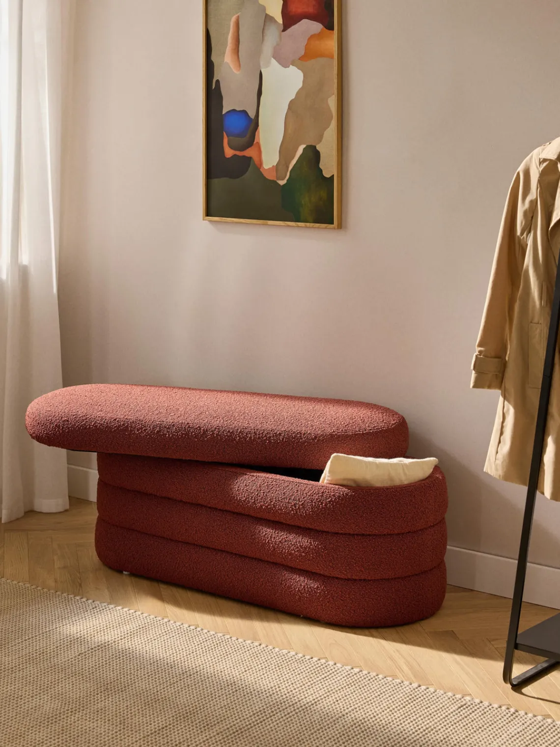 Bancos|Bancos>Westwing Collection Banco tapizado en tejido bouclé con espacio de almacenaje Alto Bouclé rojo óxido