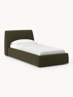 Camas Individuales|Camas Tapizadas>Westwing Collection Cama individual en tejido bouclé con espacio de almacenamiento Cloud Bouclé verde oliva
