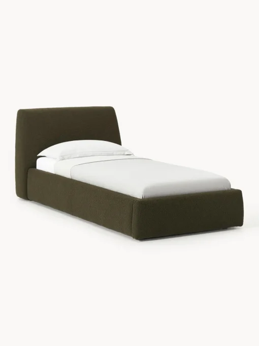 Camas Individuales|Camas Tapizadas>Westwing Collection Cama individual en tejido bouclé con espacio de almacenamiento Cloud Bouclé verde oliva