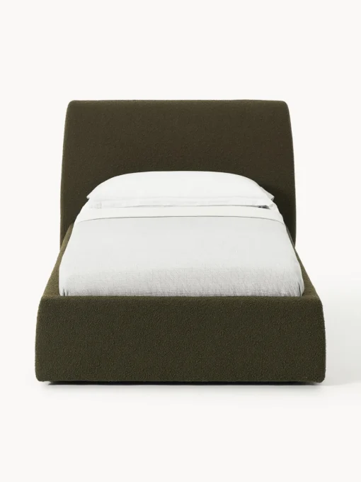 Camas Individuales|Camas Tapizadas>Westwing Collection Cama individual en tejido bouclé con espacio de almacenamiento Cloud Bouclé verde oliva