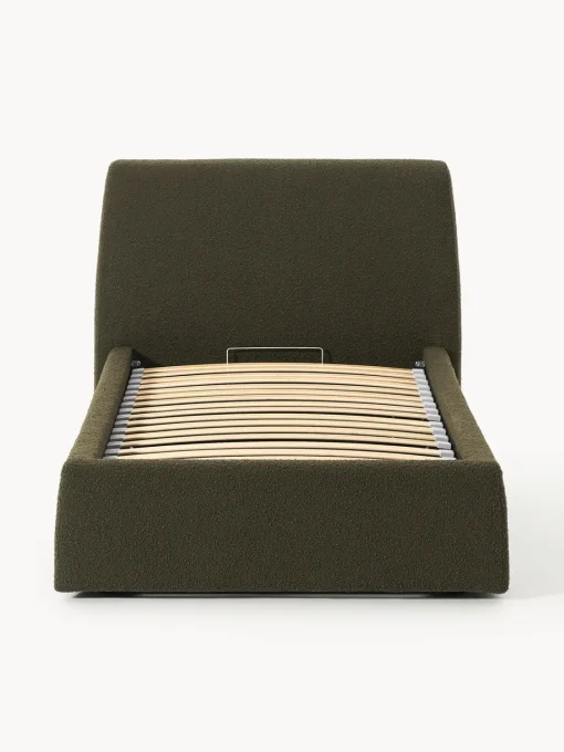 Camas Individuales|Camas Tapizadas>Westwing Collection Cama individual en tejido bouclé con espacio de almacenamiento Cloud Bouclé verde oliva