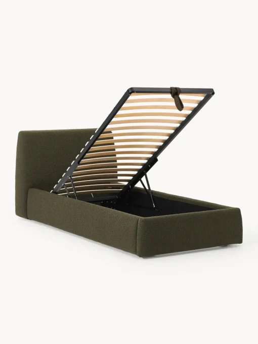 Camas Individuales|Camas Tapizadas>Westwing Collection Cama individual en tejido bouclé con espacio de almacenamiento Cloud Bouclé verde oliva