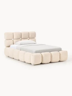 Camas Individuales|Camas Tapizadas>Westwing Collection Cama individual tapizada en borreguillo bouclé con espacio de almacenamiento Tayla Borreguillo bouclé melocotón