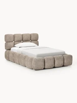 Camas Individuales|Camas Tapizadas>Westwing Collection Cama individual tapizada en borreguillo bouclé con espacio de almacenamiento Tayla Borreguillo bouclé taupe