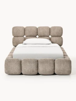 Camas Individuales|Camas Tapizadas>Westwing Collection Cama individual tapizada en borreguillo bouclé con espacio de almacenamiento Tayla Borreguillo bouclé taupe