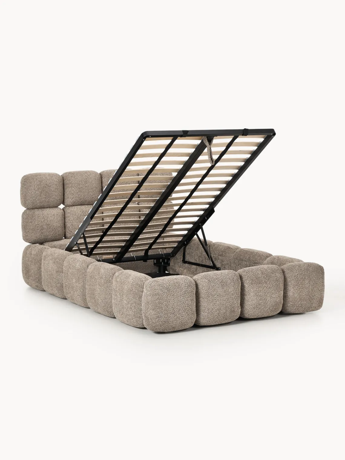 Camas Individuales|Camas Tapizadas>Westwing Collection Cama individual tapizada en borreguillo bouclé con espacio de almacenamiento Tayla Borreguillo bouclé taupe