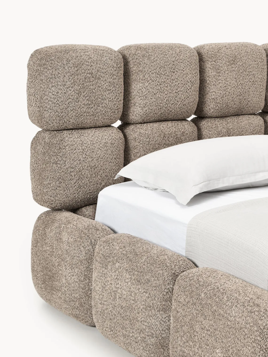 Camas Individuales|Camas Tapizadas>Westwing Collection Cama individual tapizada en borreguillo bouclé con espacio de almacenamiento Tayla Borreguillo bouclé taupe