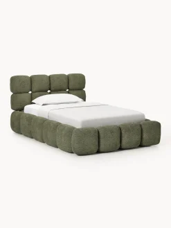 Camas Individuales|Camas Tapizadas>Westwing Collection Cama individual tapizada en borreguillo bouclé con espacio de almacenamiento Tayla Borreguillo bouclé verde oscuro