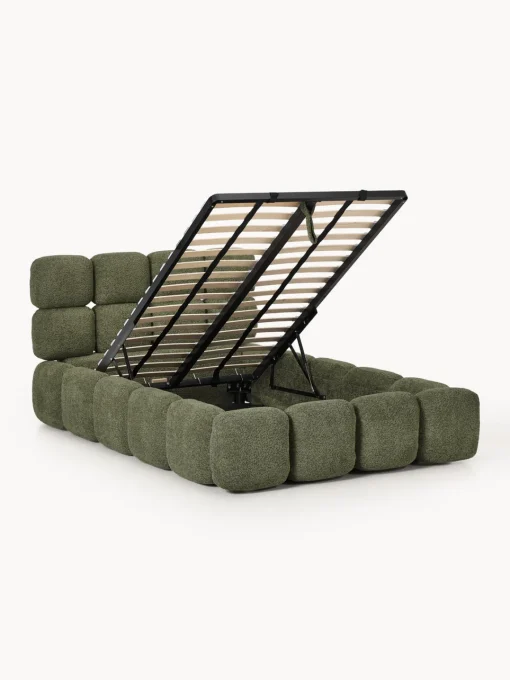 Camas Individuales|Camas Tapizadas>Westwing Collection Cama individual tapizada en borreguillo bouclé con espacio de almacenamiento Tayla Borreguillo bouclé verde oscuro