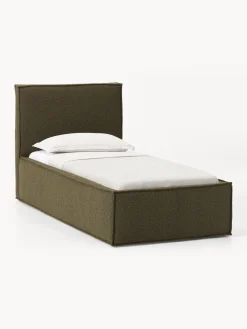 Camas Individuales|Camas Tapizadas>Westwing Collection Cama individual tapizada en tejido bouclé con espacio de almacenamiento Dream Bouclé verde oliva