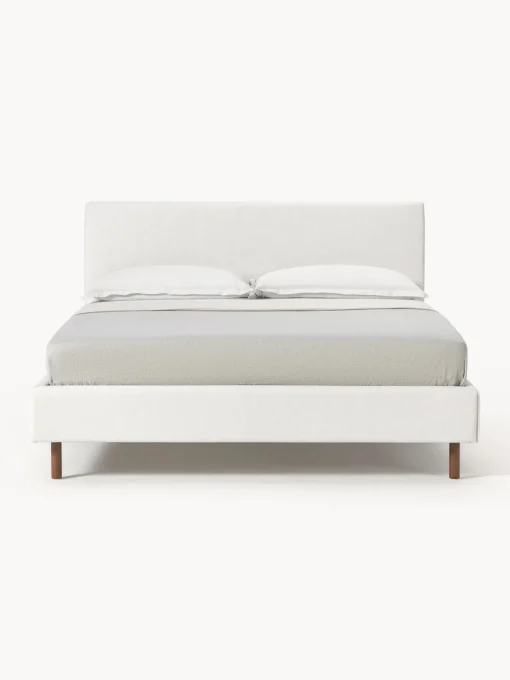 Camas Tapizadas|Camas>Westwing Collection Cama tapizada con patas de madera Giulia Tejido jaspeado Off White, madera de haya lacada en marrón oscuro