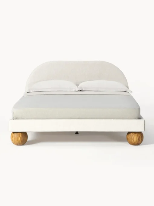 Camas Tapizadas|Camas>Westwing Collection Cama tapizada con patas esféricas de madera Rena Tejido grueso Off White, madera de roble