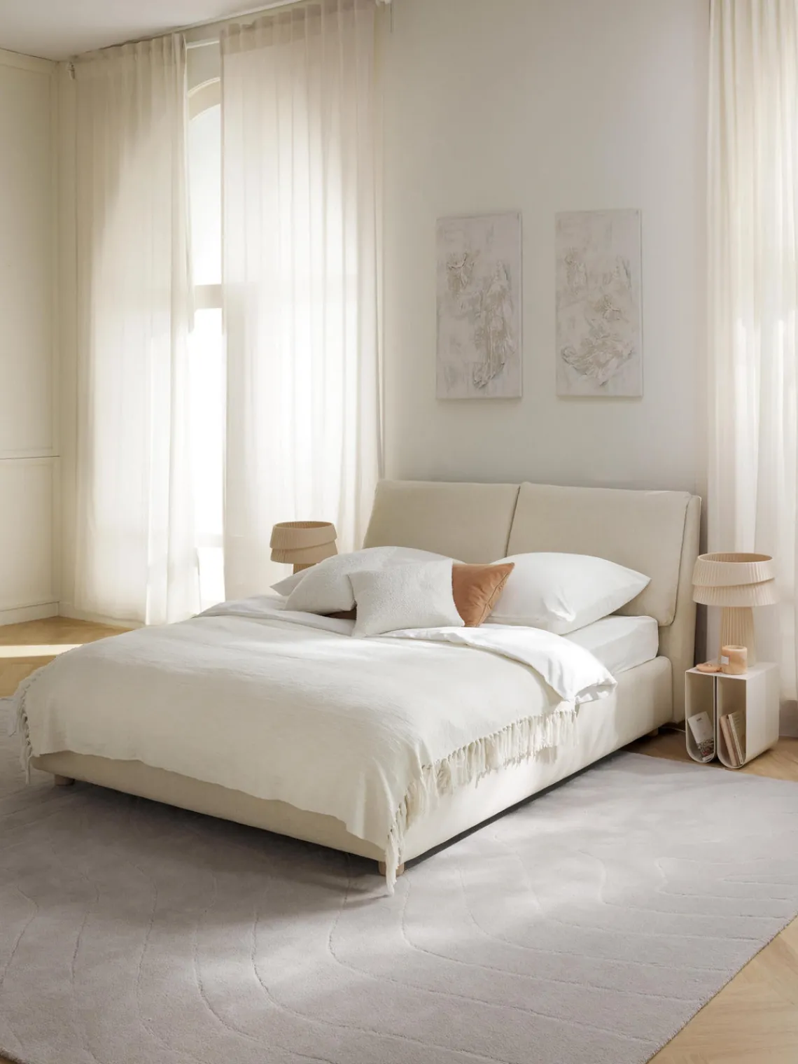 Camas Tapizadas|Camas>Westwing Collection Cama tapizada Laura Tejido blanco Off White, madera de roble