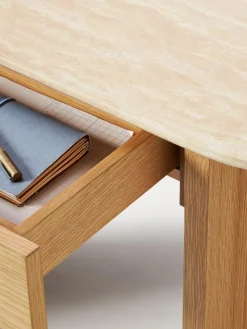 Mesas Consola|Consolas></noscript>Westwing Collection Consola de madera con tablero de travertino y cajón Zumi Madera de roble, travertino tonos beige