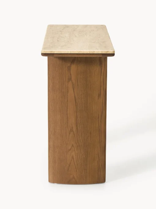 Consola de madera de roble con tablero de travertino Chandler Mesas Consola|Consolas