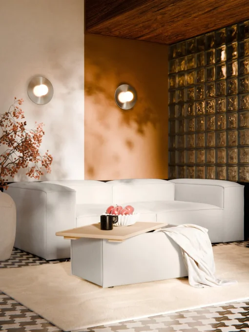Reposapiés|Sofás>Westwing Collection Diván con espacio de almacenamiento Lennon Tejido blanco Off White, madera de roble clara