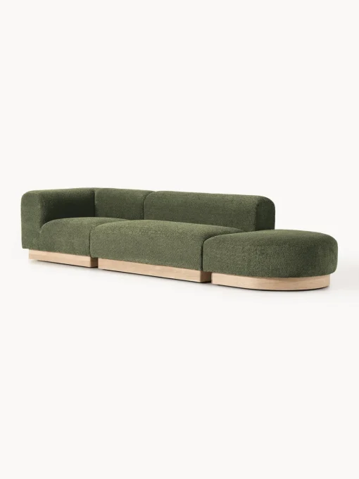 Sofás>Westwing Collection Diván modular de borreguillo bouclé con reposapiés Natalie Borreguillo bouclé verde oscuro, madera de haya clara