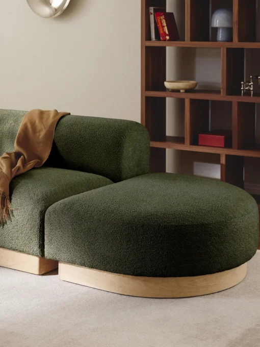 Sofás>Westwing Collection Diván modular de borreguillo bouclé con reposapiés Natalie Borreguillo bouclé verde oscuro, madera de haya clara