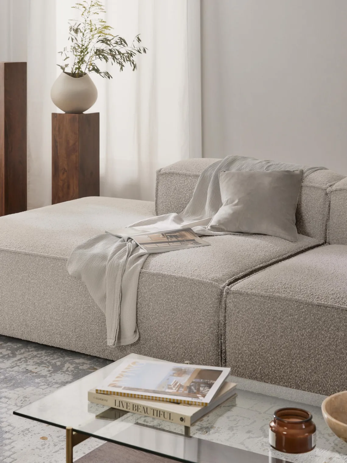 Sofás>Westwing Collection Diván modular en tejido bouclé Lennon Bouclé blanco Off White