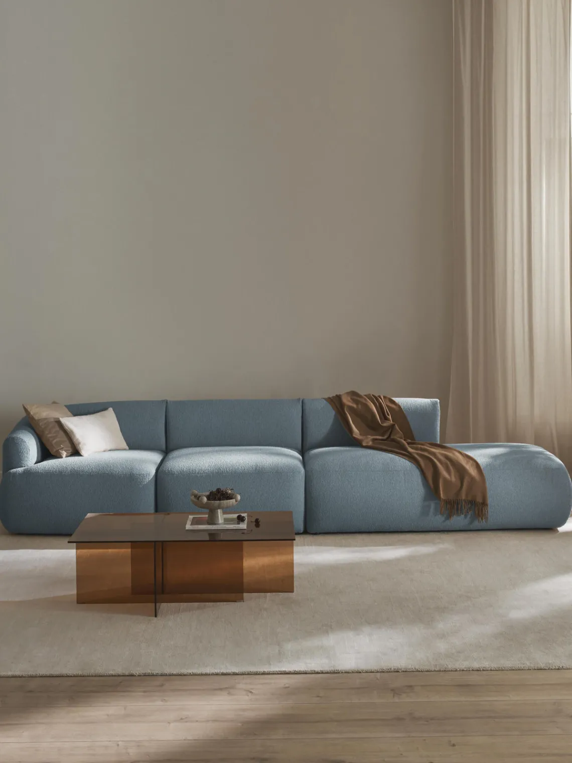 Sofás>Westwing Collection Diván modular grande en tejido bouclé Sofia Bouclé azul