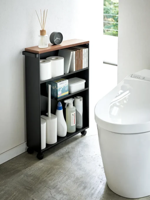 Armarios De Baño|Estanterías De Baño>Yamazaki Estantería de baño con ruedas Tower Estructura: negroTablero: madera oscuraRuedas: negro