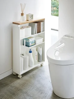 Armarios De Baño|Estanterías De Baño></noscript>Yamazaki Estantería de baño con ruedas Tower Estructura: blancoTablero: madera claraRuedas: negro