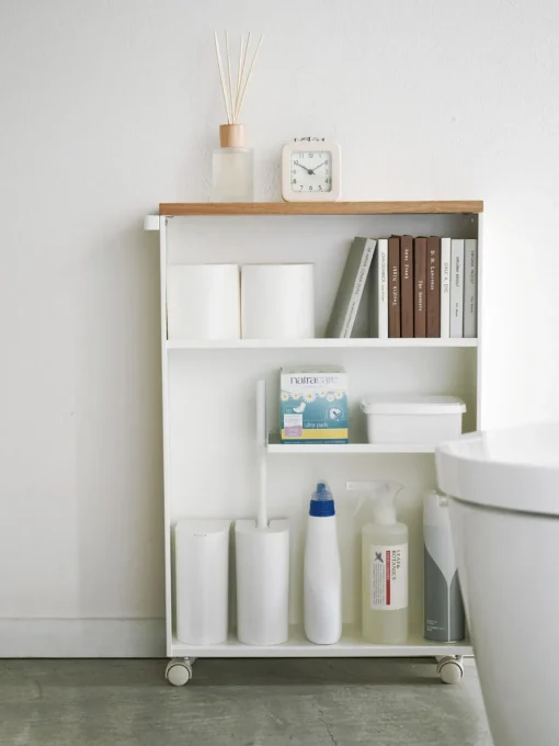 Armarios De Baño|Estanterías De Baño>Yamazaki Estantería de baño con ruedas Tower Estructura: blancoTablero: madera claraRuedas: negro