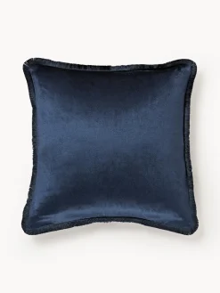 Mantas|Cojines Decorativos>Westwing Collection Funda de cojín con flecos Nikita Azul oscuro