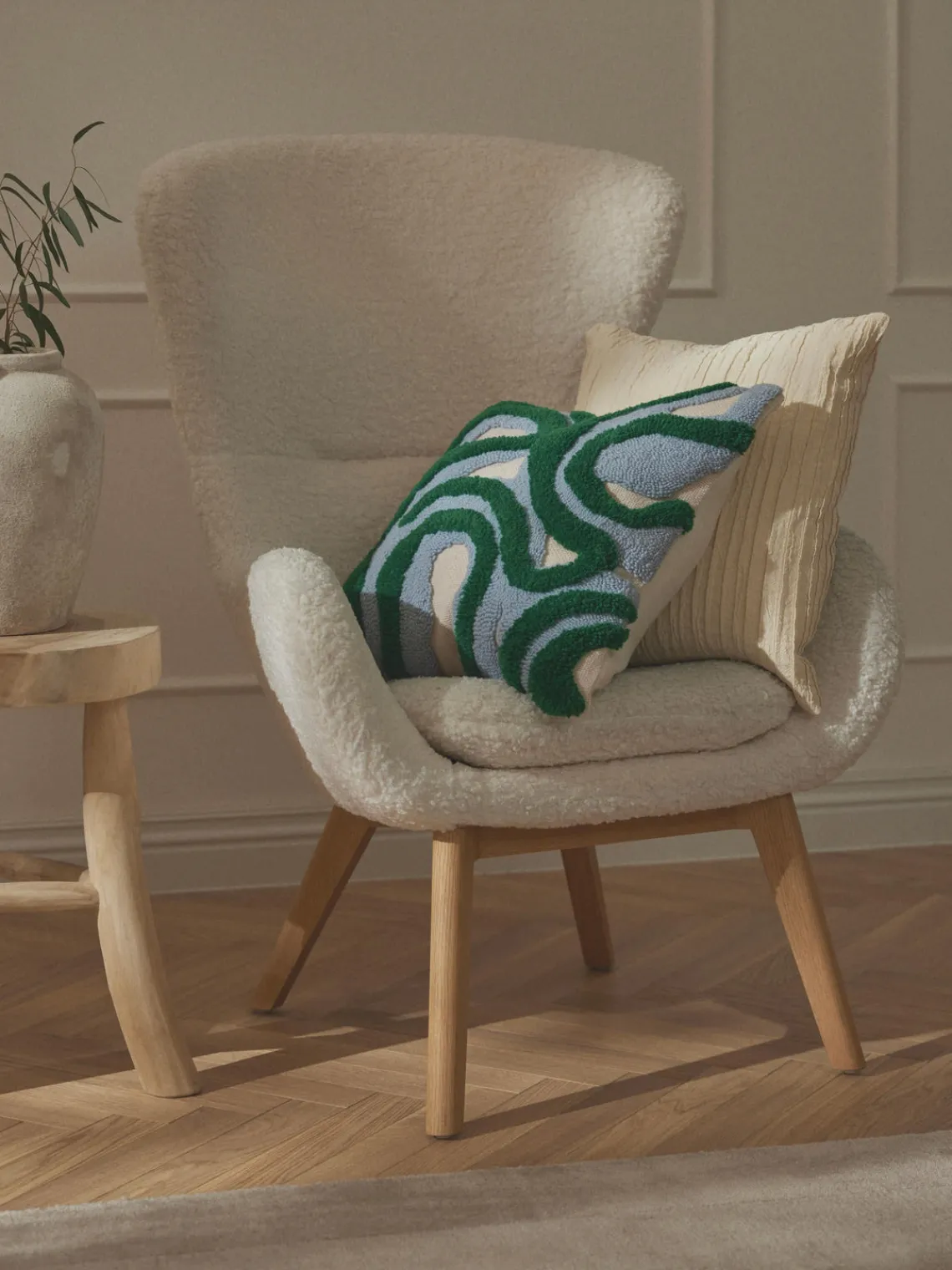 Mantas|Cojines Decorativos>Westwing Collection Funda de cojín con tejido capitoné Jiri Blanco Off White, verde oscuro, azul claro