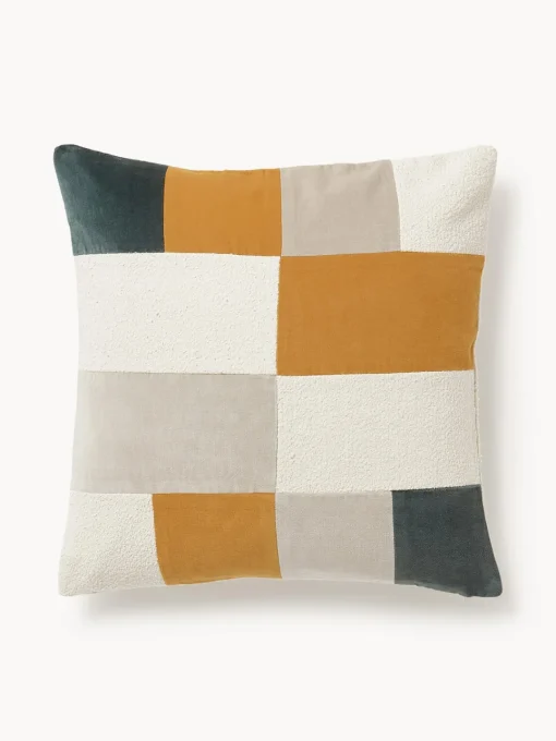 Cojines Decorativos|Cojines Decorativos>Westwing Collection Funda de cojín de algodón Ponty Amarillo mostaza, blanco Off White, beige claro, gris oscuro