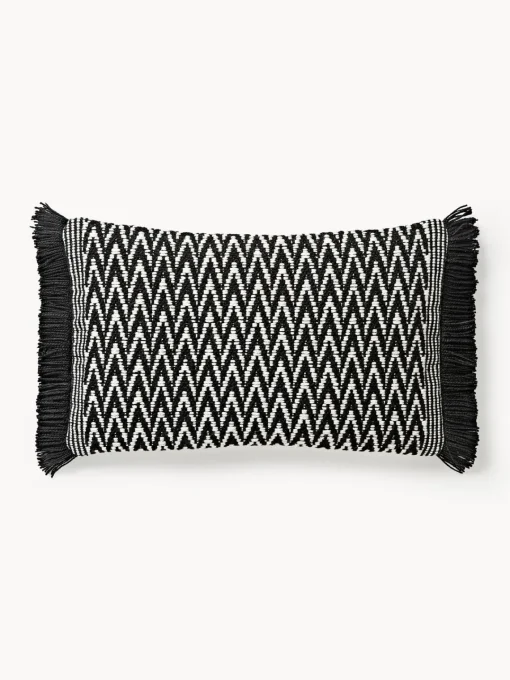 Cojines De Exterior|Cojines Decorativos>Westwing Collection Funda de cojín de exterior con tejido estampado y flecos Suria Negro, blanco Off White