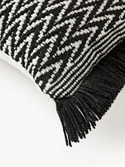 Cojines De Exterior|Cojines Decorativos>Westwing Collection Funda de cojín de exterior con tejido estampado y flecos Suria Negro, blanco Off White