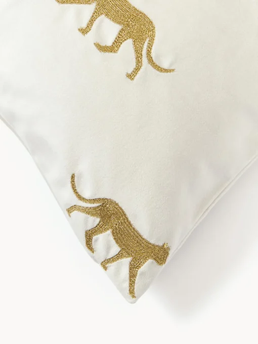 Mantas|Cojines Decorativos>Westwing Collection Funda de cojín de terciopelo bordada Cheetah Blanco Off White, dorado