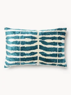 Mantas|Cojines Decorativos>Westwing Collection Funda de cojín de viscosa estampada en tejido jacquard Dejan Azul petróleo con rajas anchas