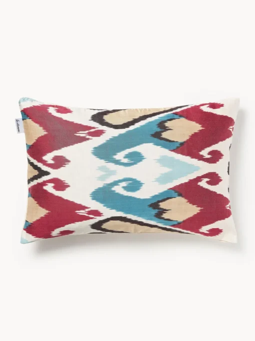 Cojines Decorativos|Mantas>Les Ottomans Funda de cojín decorativo de seda con estampado abstracto Silky Rojo, tonos azules, blanco