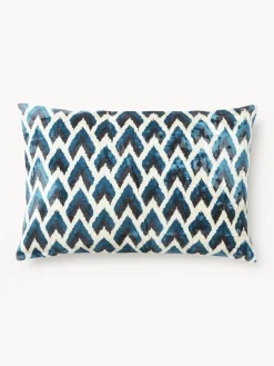 Cojines Decorativos|Mantas>Westwing Collection Funda de cojín estampada de viscosa en tejido jacquard Heron Azul petróleo en zigzag