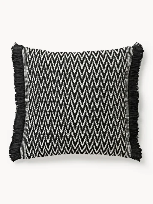 Cojines De Exterior|Cojines Decorativos>Westwing Collection Funda de cojín para exterior con tejido artesanal y flecos Suria Negro, Off White