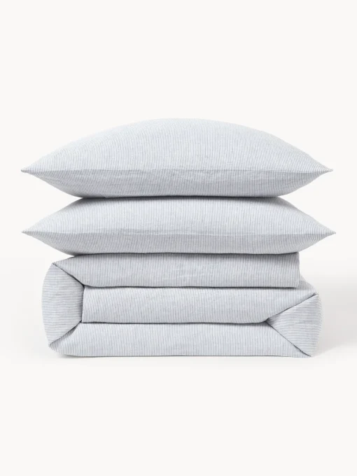 Mantas|Fundas Nórdicas>Westwing Collection Funda nórdica de lino lavado con rayas finas Rinna Gris azulado, blanco