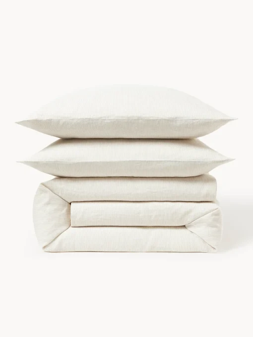 Mantas|Fundas Nórdicas>Westwing Collection Funda nórdica de lino lavado con rayas finas Rinna Beige claro, blanco