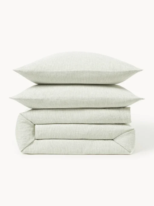 Mantas|Fundas Nórdicas>Westwing Collection Funda nórdica de lino lavado con rayas finas Rinna Verde oliva, blanco