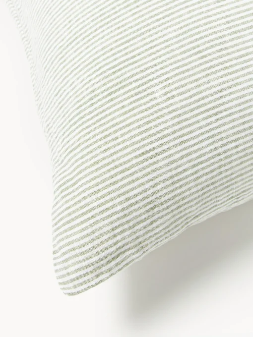 Mantas|Fundas Nórdicas>Westwing Collection Funda nórdica de lino lavado con rayas finas Rinna Verde oliva, blanco