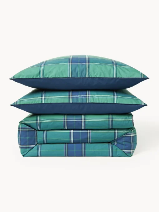 Fundas Nórdicas|Mantas>Westwing Collection Funda nórdica de percal a cuadros con ribete Scarlet Verde turquesa, azul oscuro