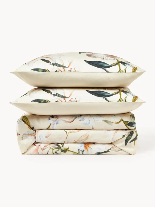 Mantas|Fundas Nórdicas>Westwing Collection Funda nórdica de satén con estampado floral Flori Beige claro, multicolor