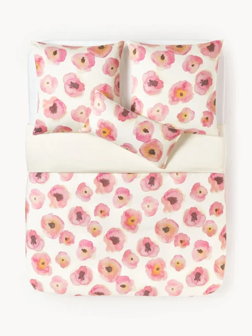 Mantas|Fundas Nórdicas>Westwing Collection Funda nórdica de satén de algodón con estampado floral Fiorella Blanco crema, multicolor