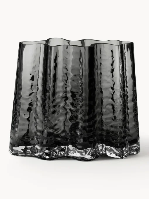 Jarrones|Jarrones>Cooee Design Jarrón de vidrio soplado artesanalmente con relieves Gry, 19 cm Gris antracita semi-transparente
